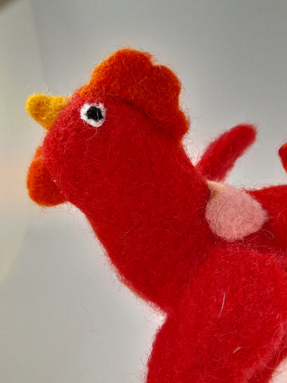 Valentines chicken ornament handmade from merino wool with wire legs