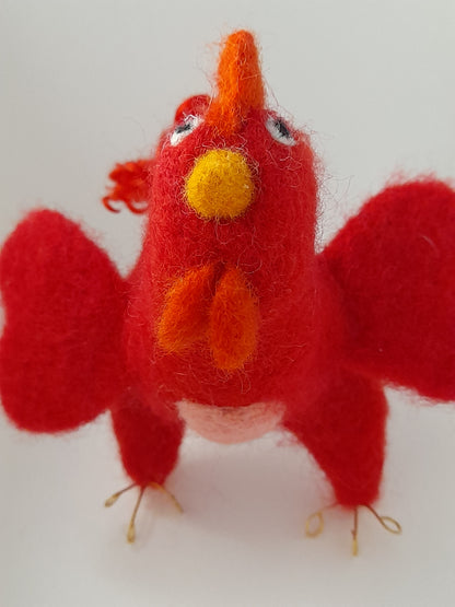 Valentines chicken ornament handmade from merino wool with wire legs