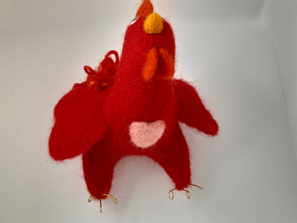 Valentines chicken ornament handmade from merino wool with wire legs